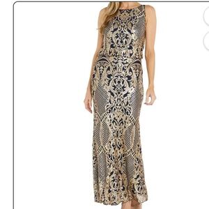 R&M Richards Womens Sequined Evening Navy Gold Maxi Gown Dress Size 6